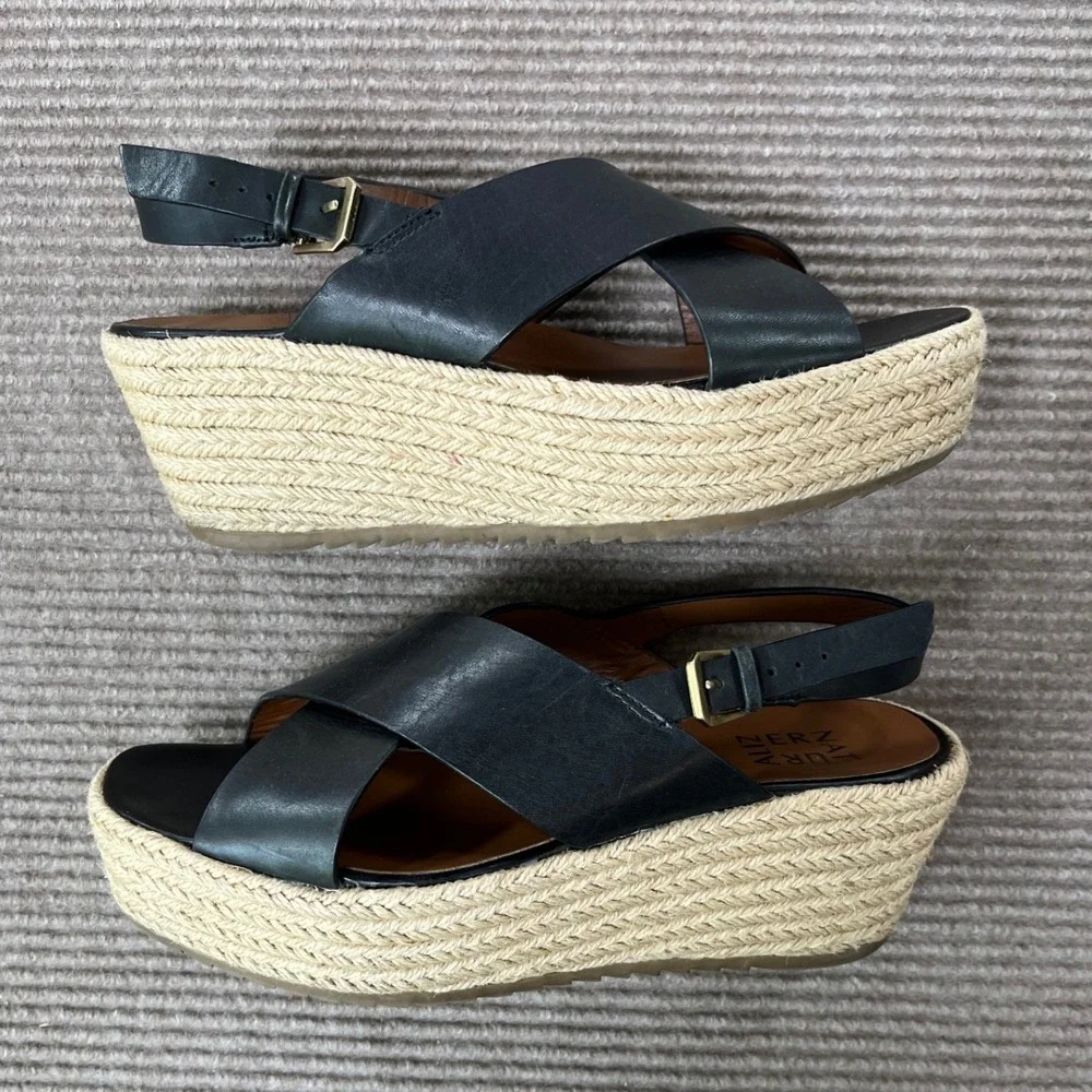 Naturalizer Womens‎ Black Leather Espadrille Platform Wedge Sandals 10M